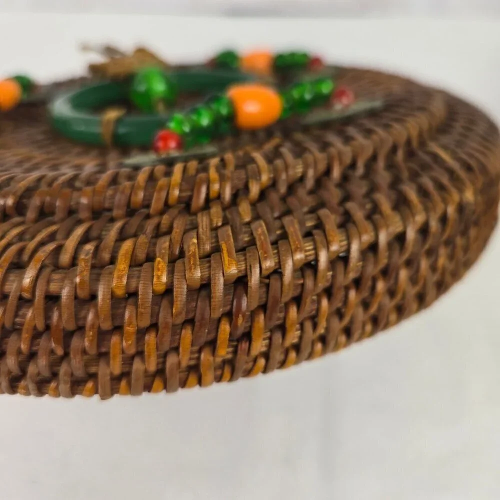 Vintage Chinese Sewing Basket Brown Handmade Round Wicker Glass Bead Accents